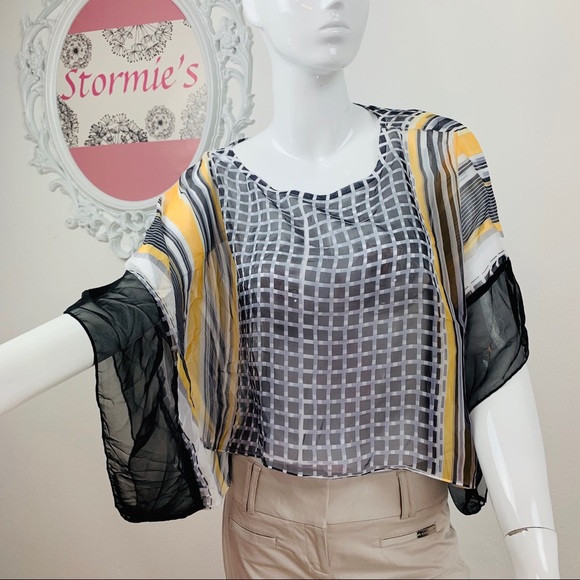 Energe / Sheer Black White Yellow Butterfly Top - Picture 5 of 8